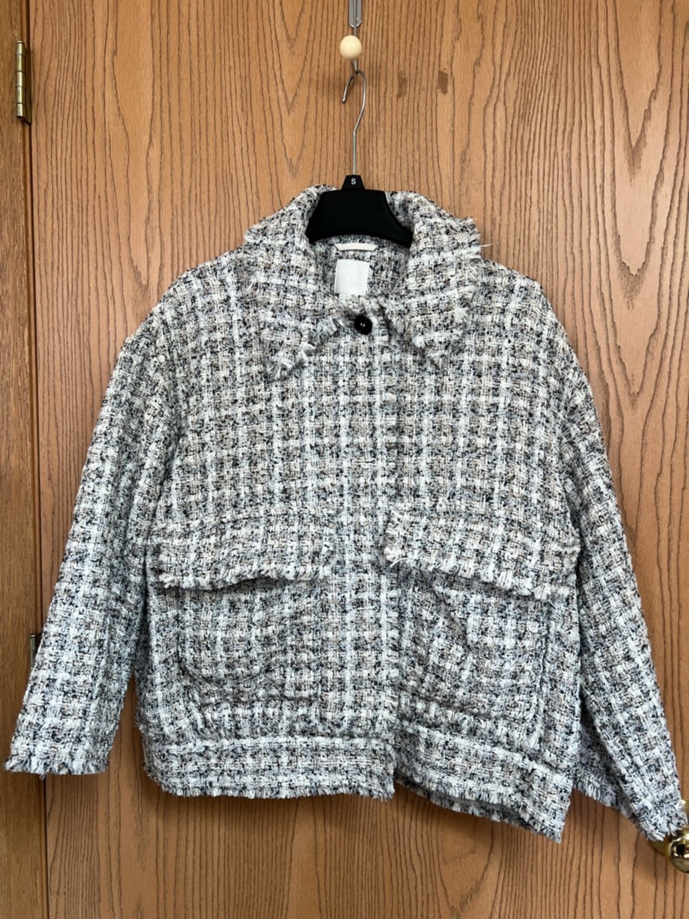 H&M Woven Tweed Boxy Jacket in Black & White
